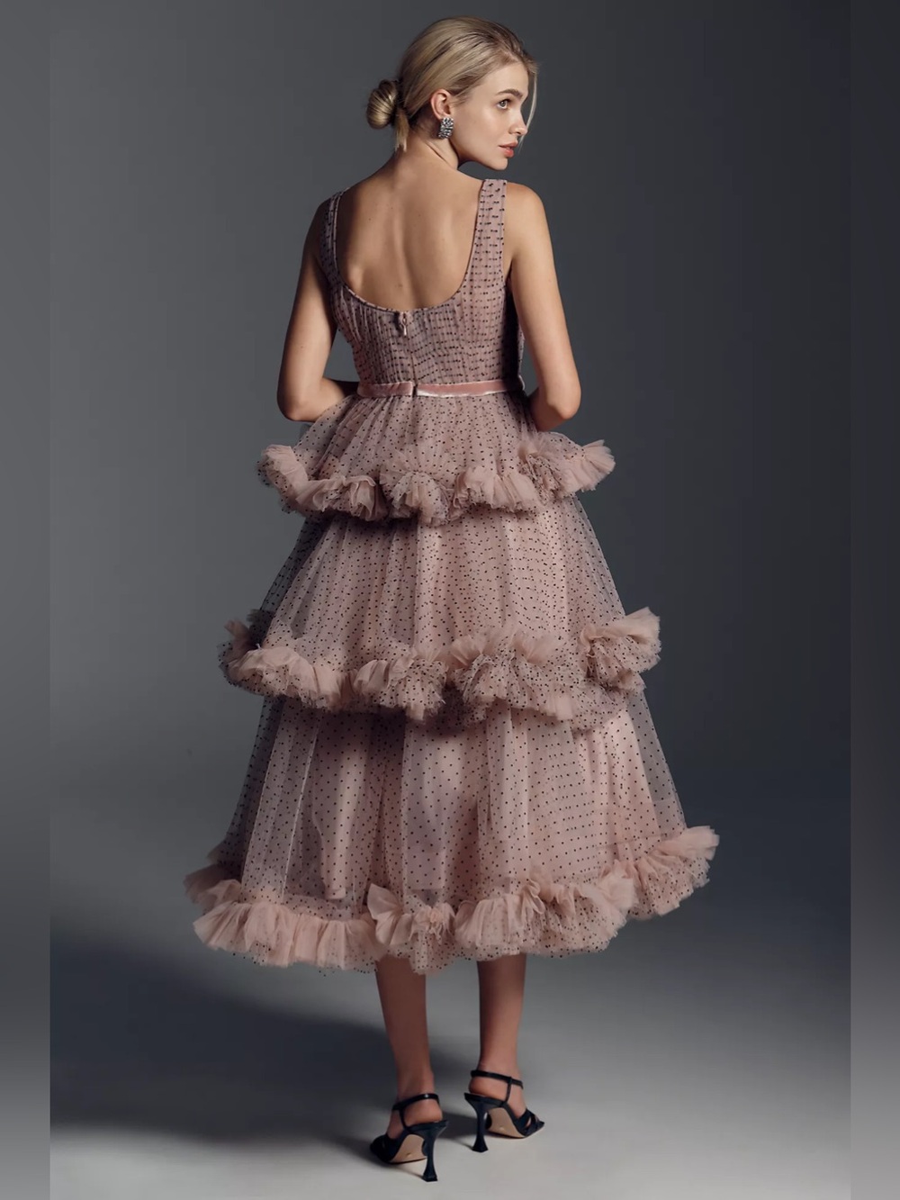 Mac Duggal Square-Neck Dotted Tulle Tiered Midi Dress - Picture 3 of 12